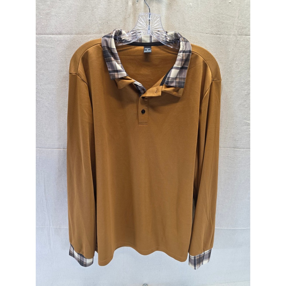Manfinity Mens XL‎ Long Sleeve Polo Shirt Mustard Brown Plaid Collar Cuffs 2277